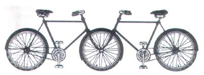 "Bicicletta convergente (modello per fidanzati)" di Jacques Carelman, Catalogue d'objets introuvables, Paris, Balland 1969. scrivere, pedalare, scrivere di pedalare